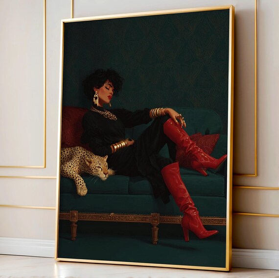 Velvet Couch Glam Art Print Red Boots Retro Poster Elegant Cheetah Illustration Luxe Fashion Girl Wall Decor