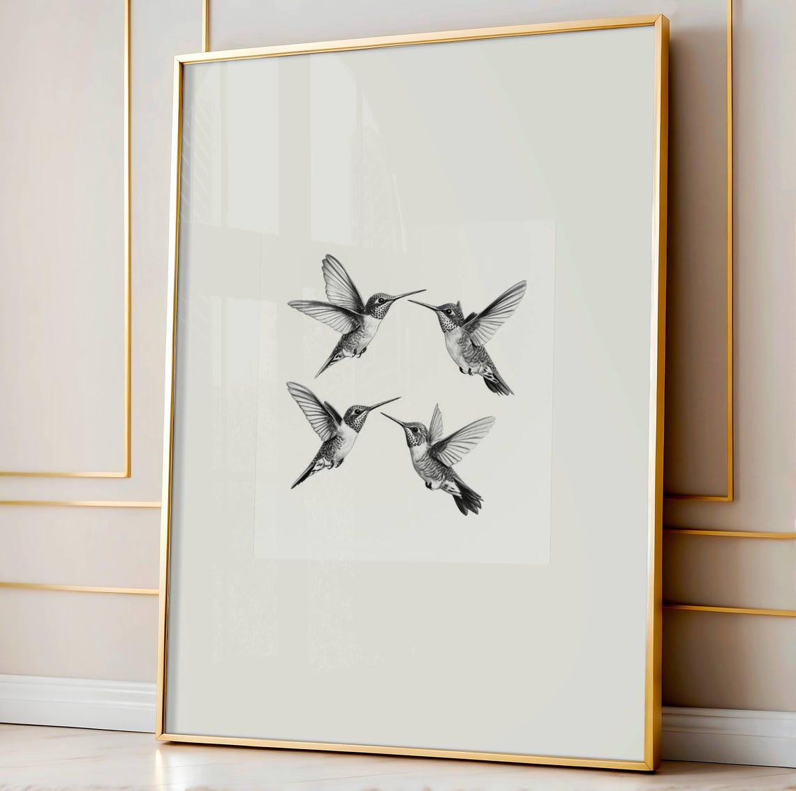 Four Hovering Hummingbirds Black and White Sketch Art Poster