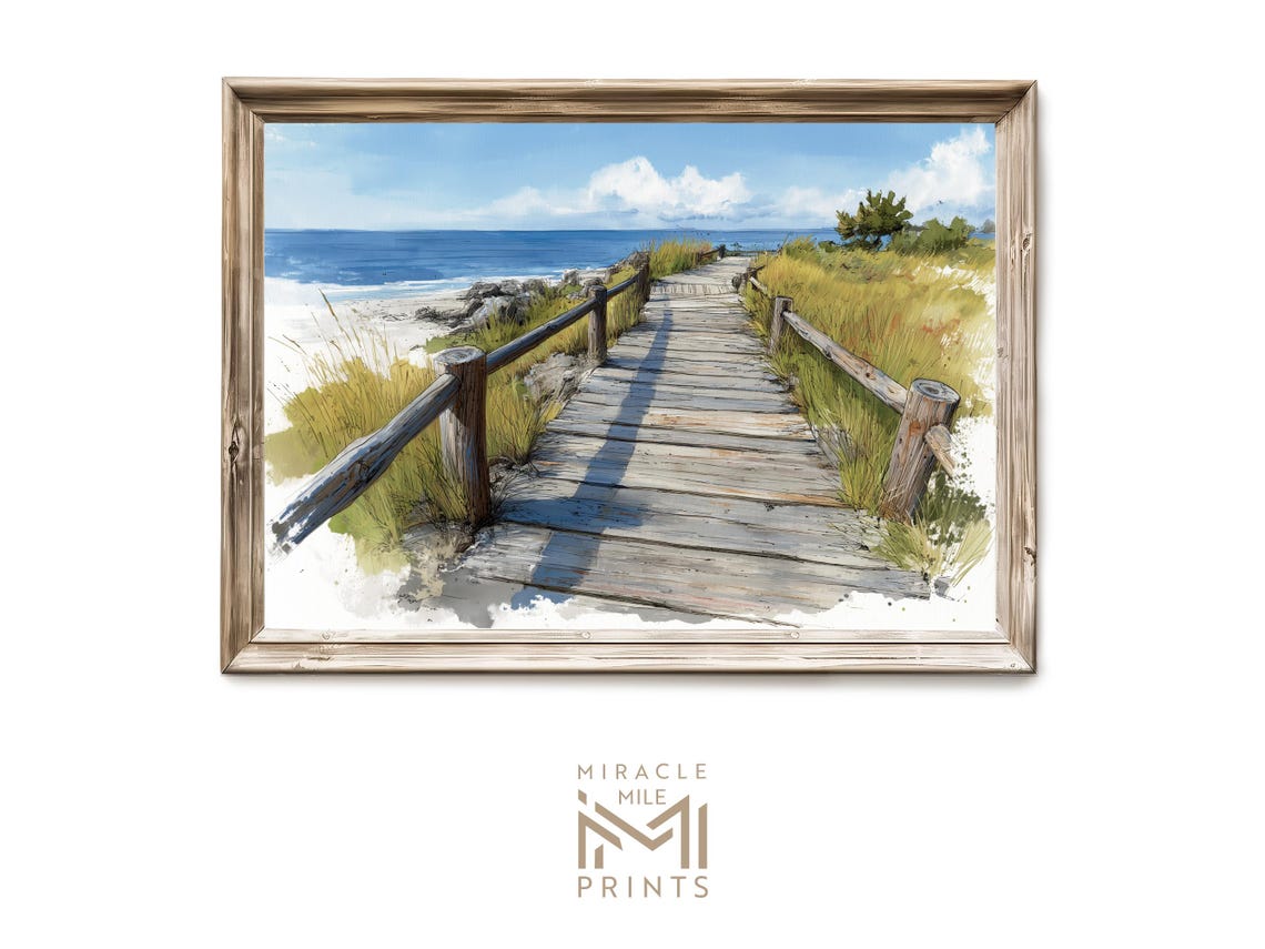 Wooden Boardwalk to the Beach Dunes Coastal Watercolor Poster