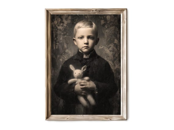 Halloween Wall Art Creepy Victorian Boy Holding Doll Vintage Gothic Portrait Haunted Artwork 249