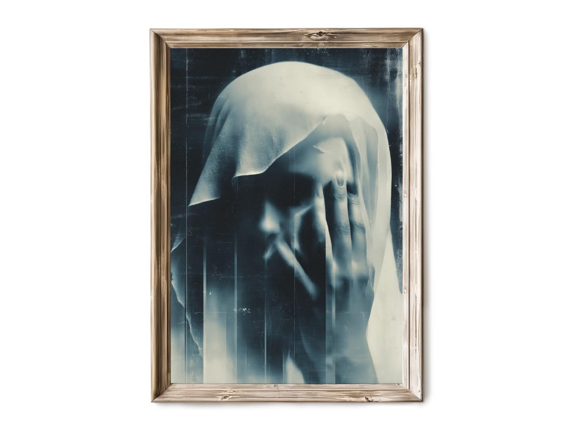 Halloween Wall Art Eerie Blue Portrait Surreal Horror Poster Style Spooky Haunted Decor 253
