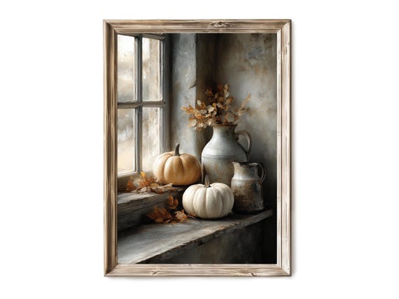 Fall Pumpkin Still Life Wall Art Rustic Farmhouse Autumn Moody Harvest Decor Vintage Artful Painting V 416