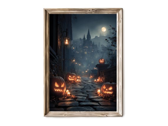 Halloween Wall Art Haunted Castle At Night With Glowing Pumpkins Spooky Fall Scene Vintage Horror 303