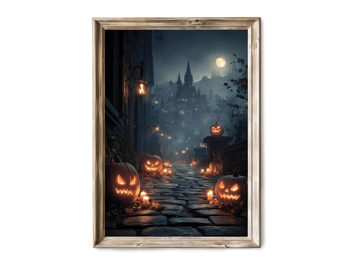 Halloween Wall Art Haunted Castle At Night With Glowing Pumpkins Spooky Fall Scene Vintage Horror 303