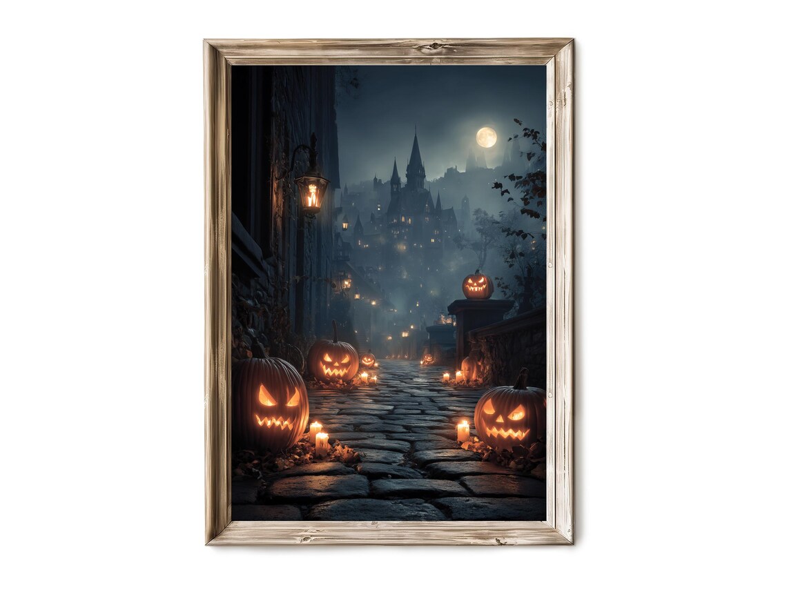 Haunted Castle Night Glowing Pumpkins Spooky Halloween Scene Poster