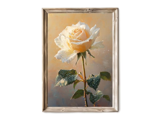 White Rose with Dewdrops Romantic Floral Oil Painting Wall Art