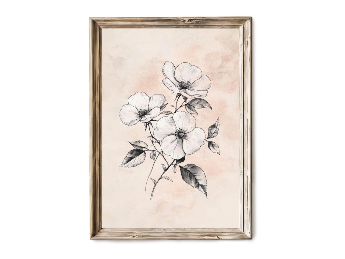 Vintage Ink Rose Sketch Wall Art Botanical Flower Drawing Rustic Single Stem Floral Decor Line Print 8