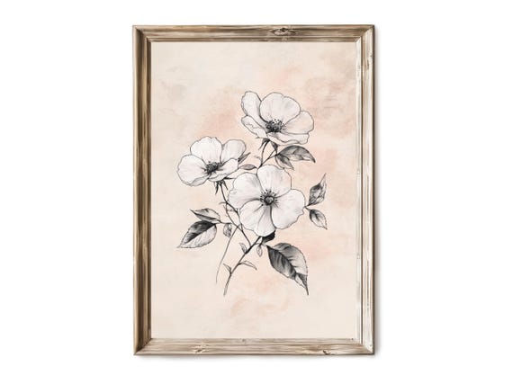 Vintage Ink Rose Sketch Wall Art Botanical Flower Drawing Rustic Single Stem Floral Decor Line Print 8