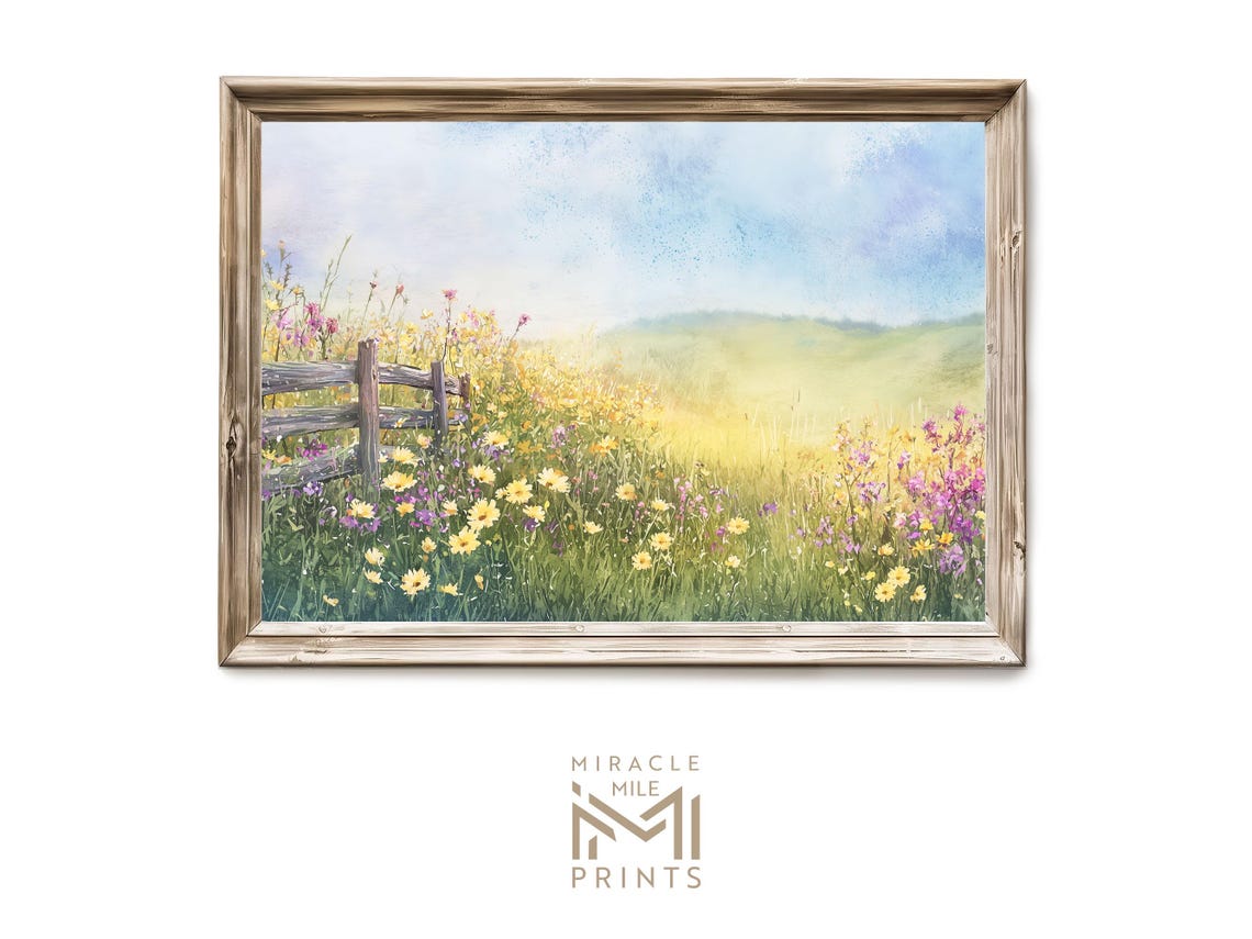 Spring Meadow Wildflower Field Wooden Fence Watercolor Wall Art
