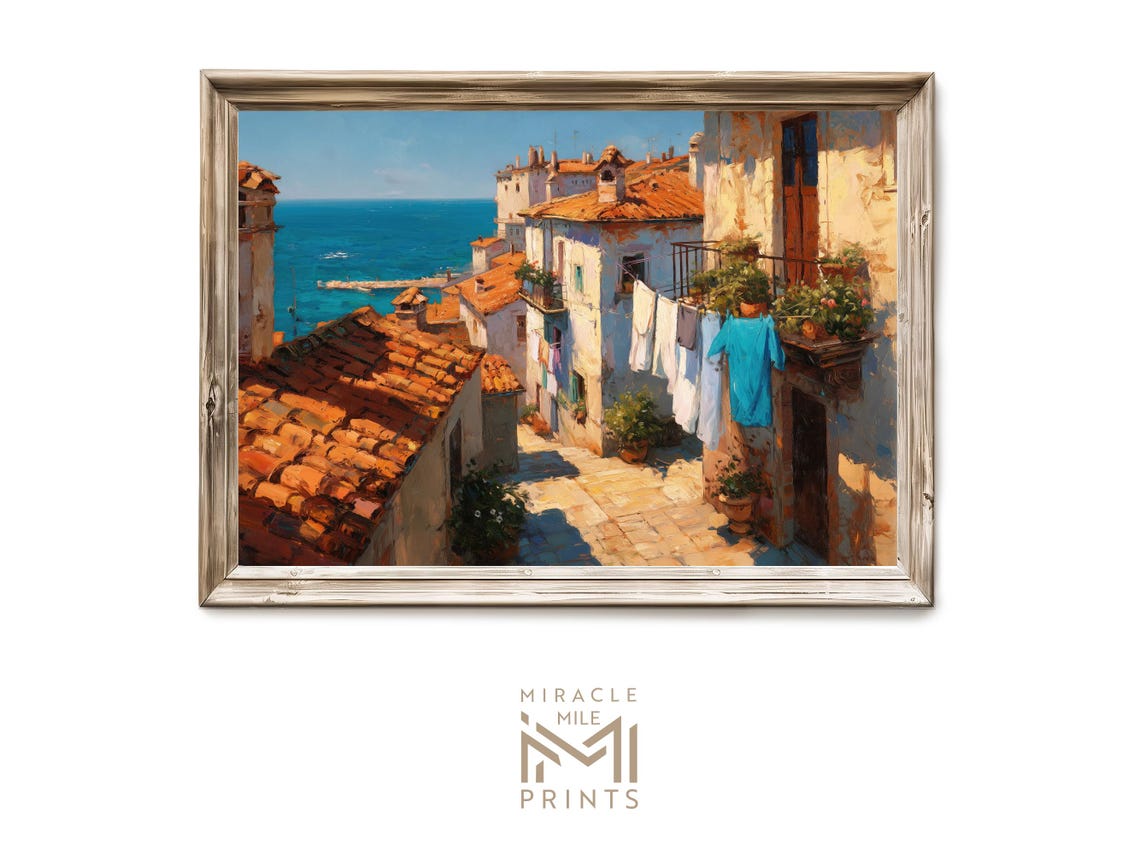 Mediterranean Coastal Village Terracotta Roofs Summer Art Poster