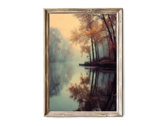 Fall Trees Wall Art Rustic Autumn Lake Reflection Landscape Moody Harvest Decor Vintage Artful Painting V 443