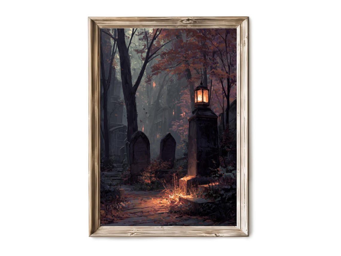 Halloween Wall Art Overgrown Cemetery With Lantern Haunted Graveyard Path Spooky Gothic Fall Decor 289