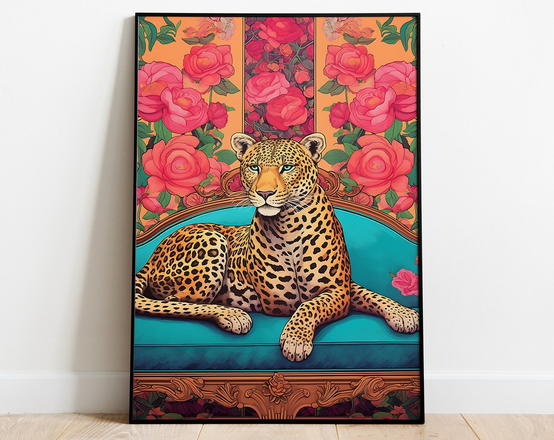 Leopard Lounging on a Teal Couch Maximalist Floral Cat Art Poster