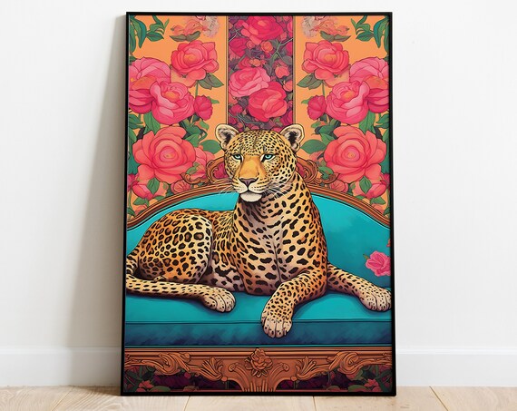 Leopard Lounging on a Teal Couch Maximalist Floral Cat Art Poster