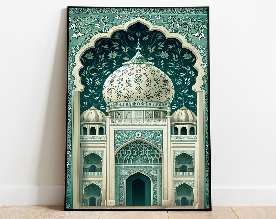 Mughal Palace Facade With Floral Dome in Teal and Ivory Poster