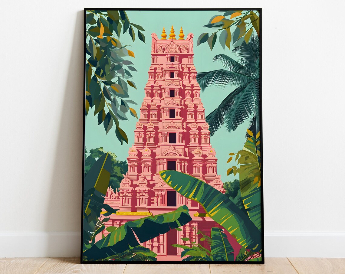 Tamil Nadu Temple Wall Art, Vintage Monument Poster