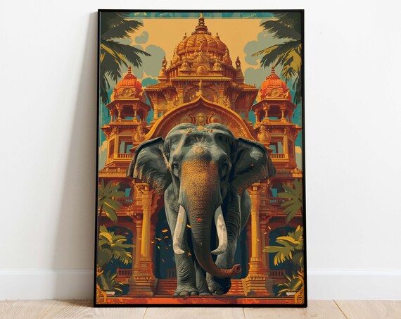 Royal Indian Elephant Golden Temple Palace Vintage Travel Wall Art