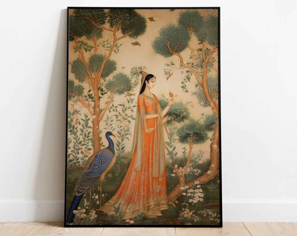 Indian Royal Princess Forest Peacock Mughal Miniature Art Poster