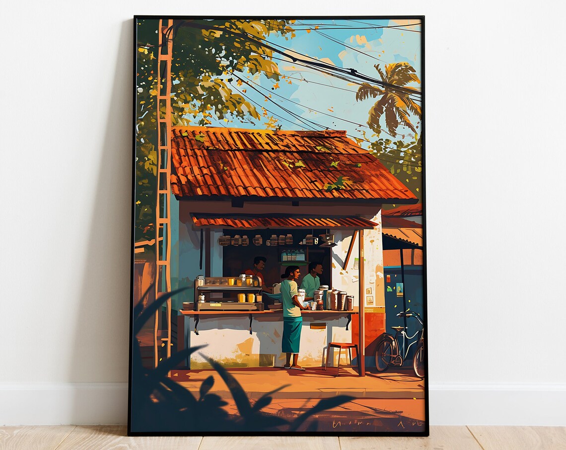 Kerala Chai Shop Art Print, Tropical Village Decor