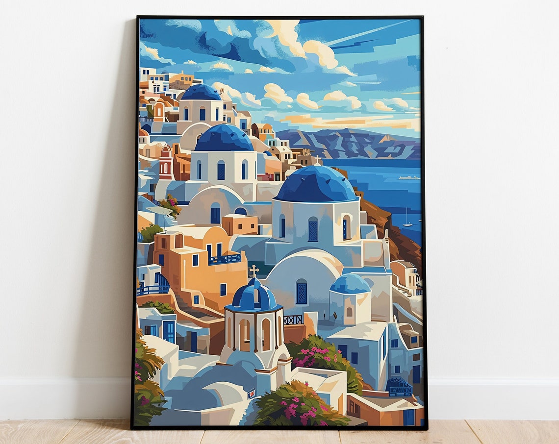 Santorini Blue Domes Whitewashed Churches Greece Travel Poster