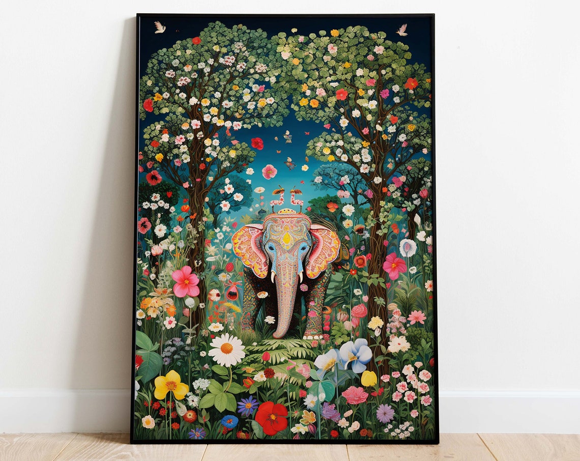 Decorated Indian Elephant Floral Jungle Garden Dreamy Art Poster