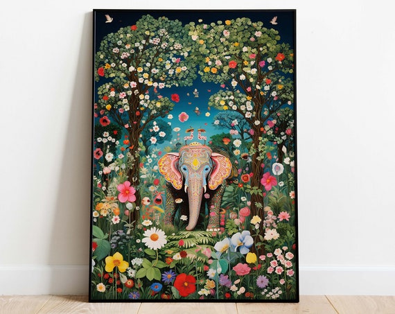 Decorated Indian Elephant Floral Jungle Garden Dreamy Art Poster