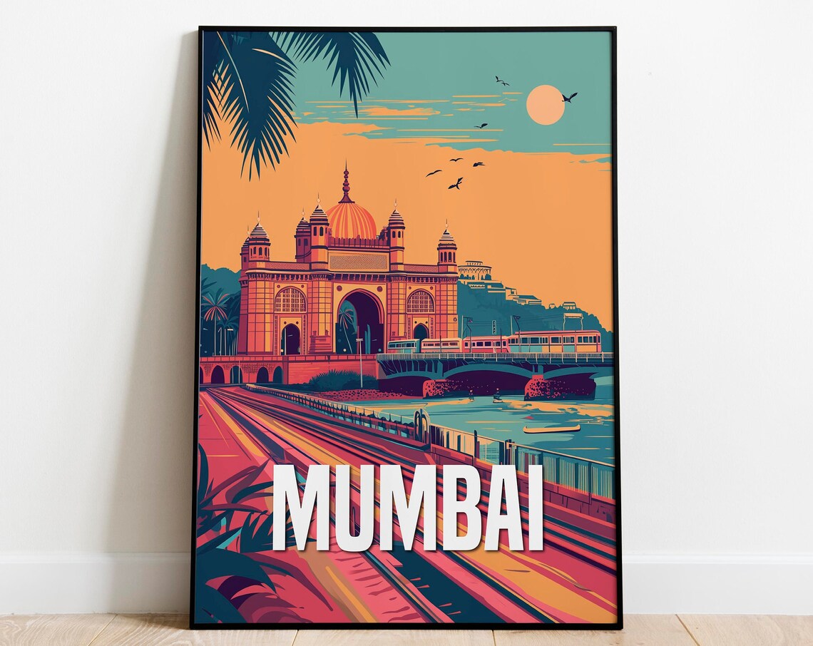 Mumbai Gateway of India Retro Sunset Vintage Travel Art Poster