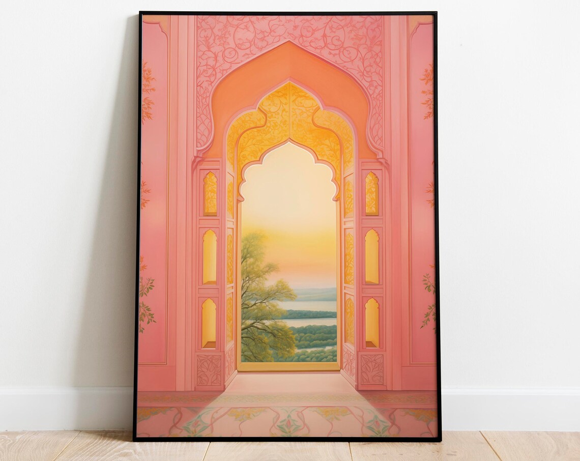 Pink Palace Archway Doorway Opening to a Lake View Art Poster