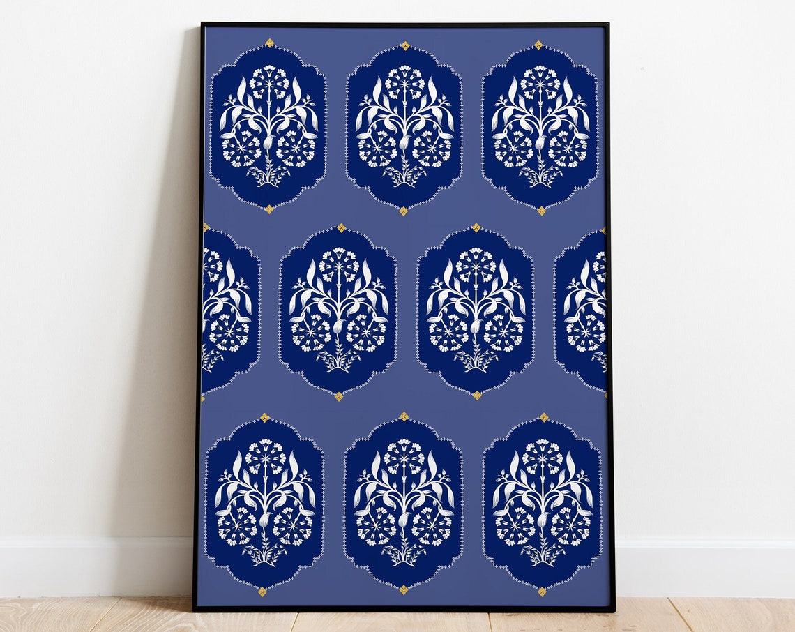 Blue and White Mughal Floral Medallion Repeat Pattern Art Poster