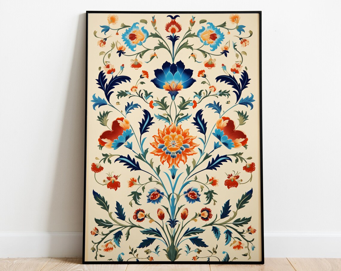 Mughal Orange Blue Floral Motif Palace Painting Style Poster