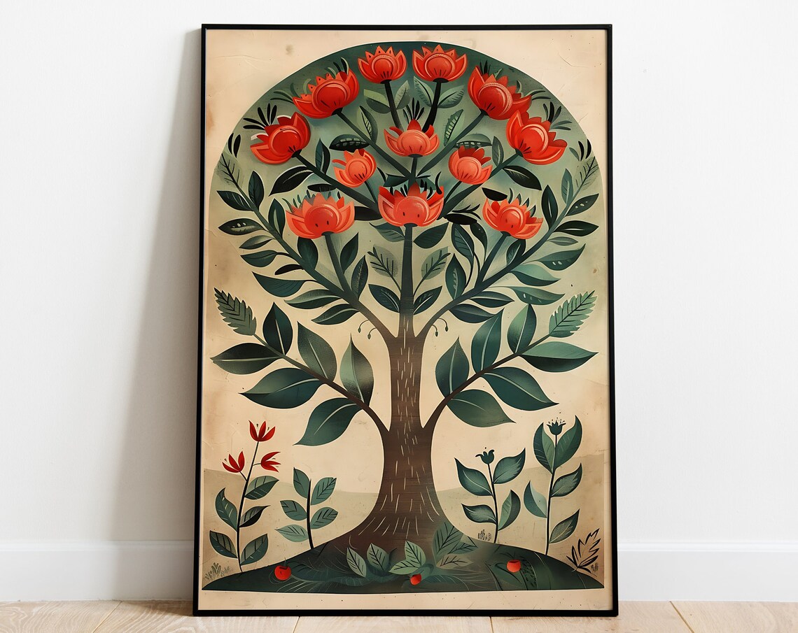 Tree of Life Red Blossoms Green Leaves Vintage Folk Artwork Poster