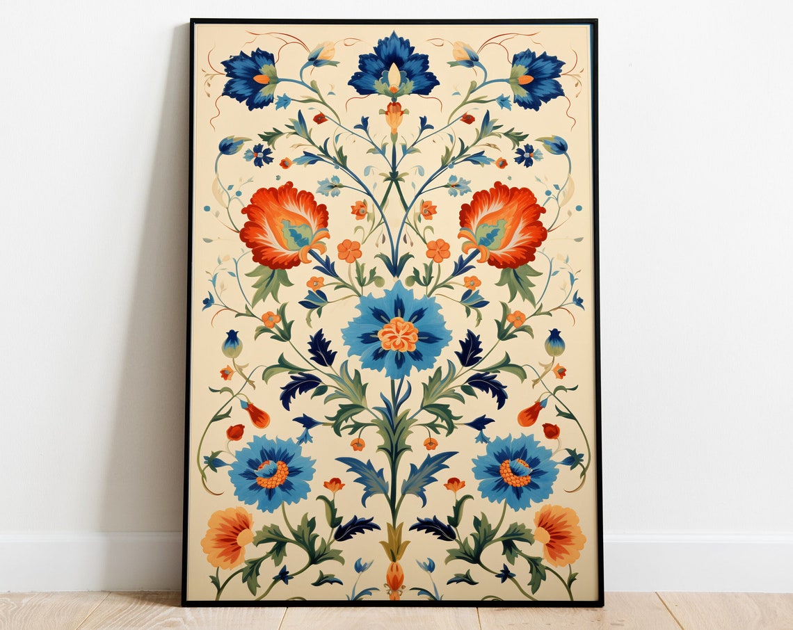 Symmetrical Mughal Floral Pattern on a Cream Background Poster