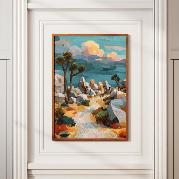 Joshua Tree Desert Landscape Impasto Painting With Rocky Trail Poster