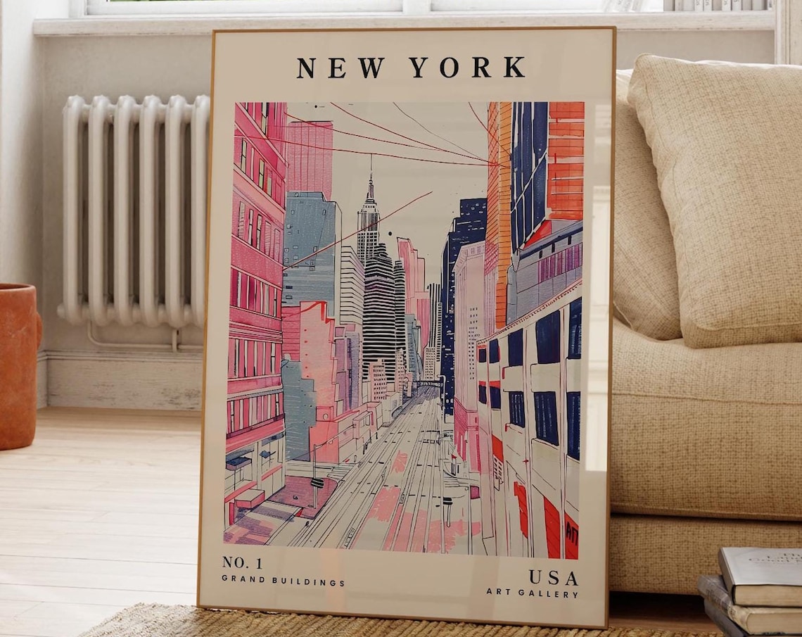 New York USA Grand Buildings Street Manhattan Illustration Poster