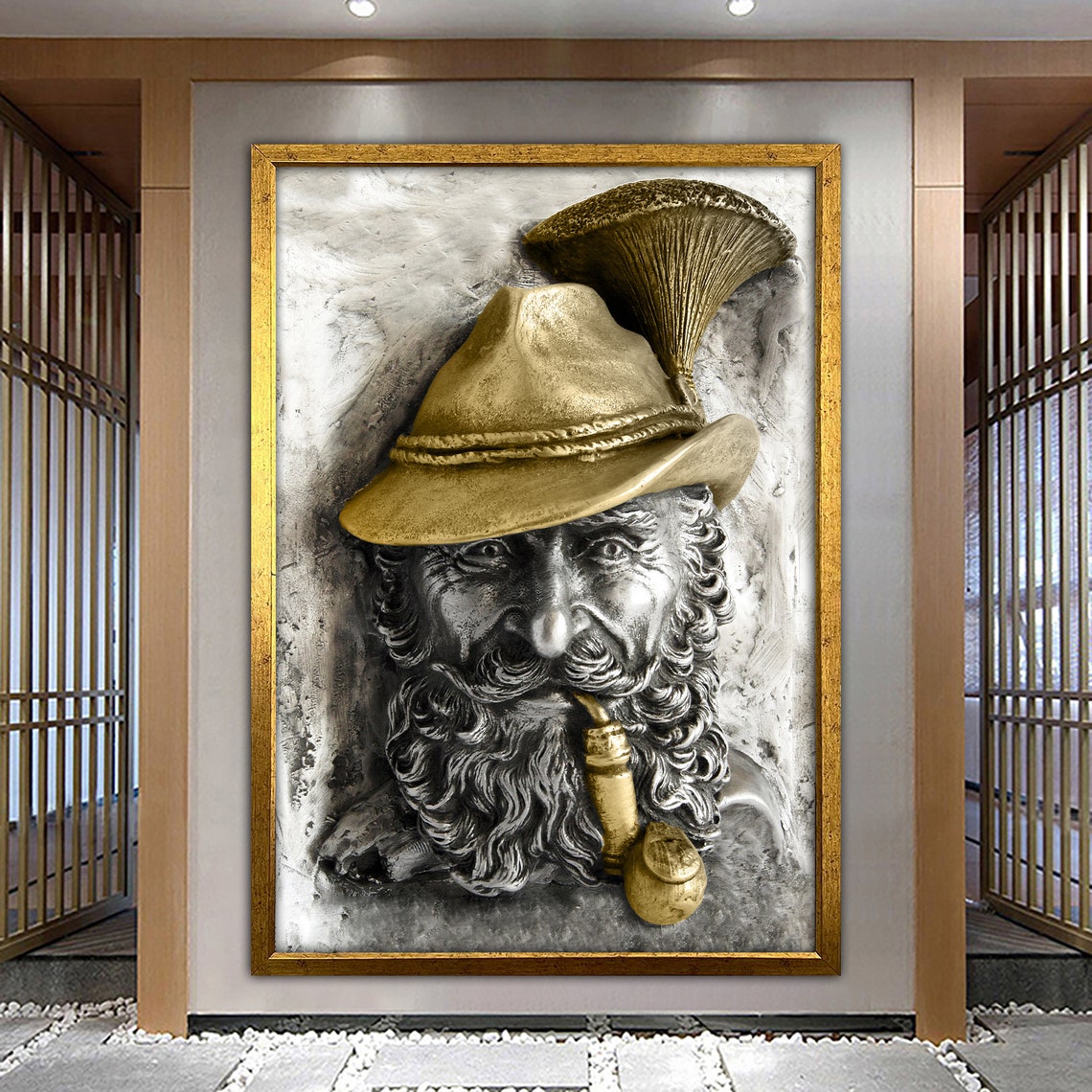 Old Man With Hat Feather Pipe Gold Silver 3D Relief Sculpture Poster
