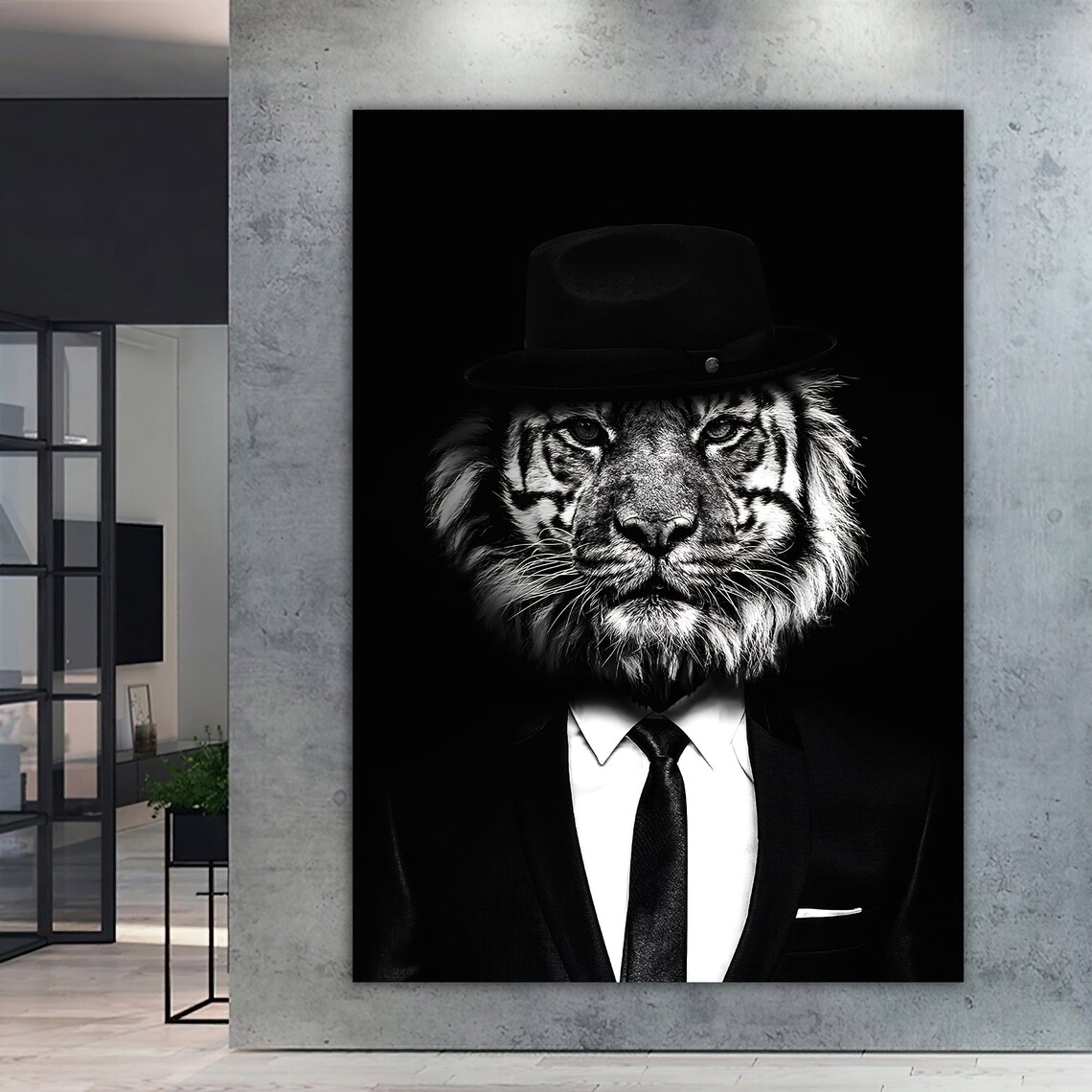 Tiger Wearing Fedora Suit Tie Gangster Portrait Black White Poster