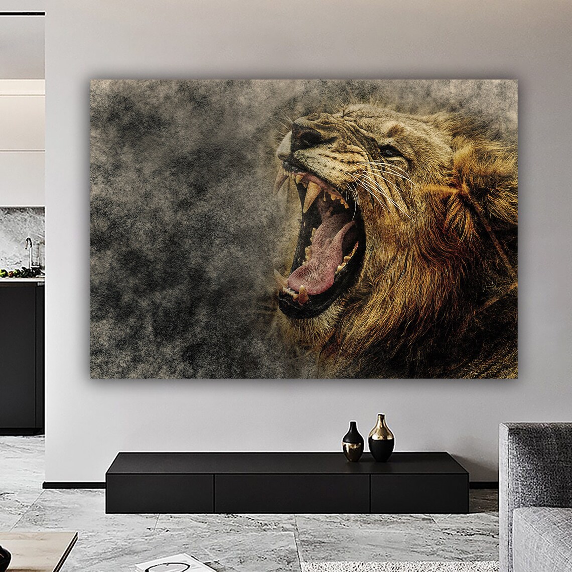 Roaring Lion Head Dramatic Smoke Gray Portrait Wildlife Art Poster