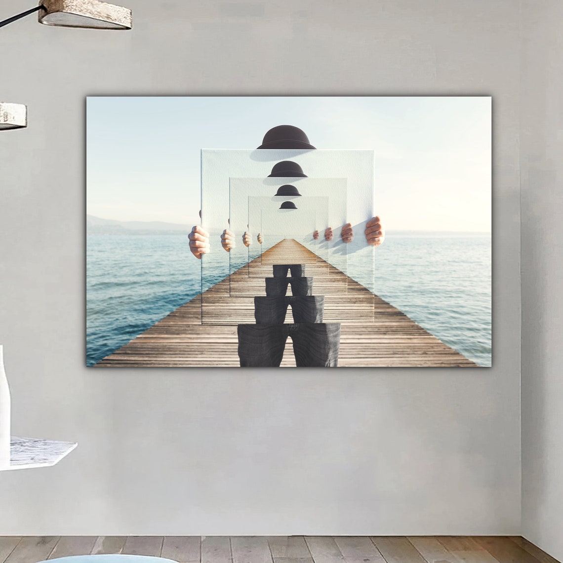 Surreal Infinite Mirror Illusion Man On Wooden Pier Art Poster