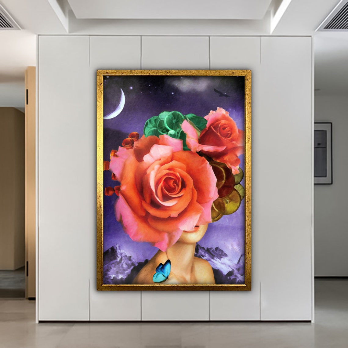 Woman With Red Rose Body Portrait Of Woman Print Woman Painting Woman With Moon And Rose Print Abstract Woman Art