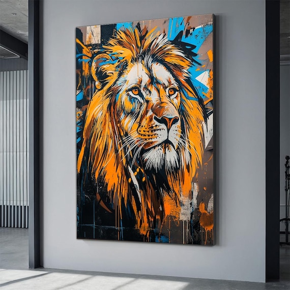 Orange Blue Pop Art Lion Street Style Bold Colorful Wildlife Poster