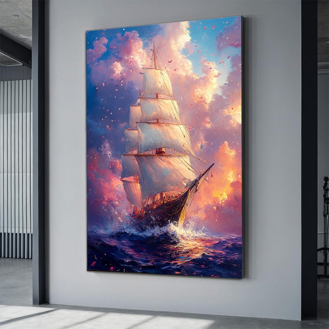 Pink Ship Skyline Seascape Painting, Office Decor
