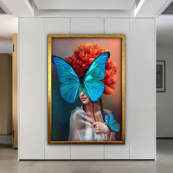 Butterfly Woman Portrait Of Woman With Turquoise Butterfly Face Artistic Woman Painting Woman Print