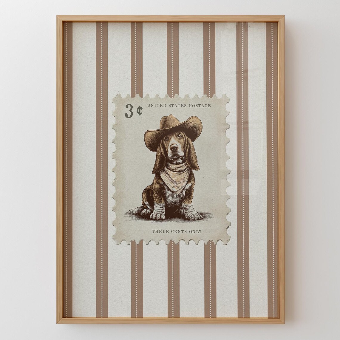 Cowboy Dog Vintage Stamp Art Print, Rustic Basset Hound