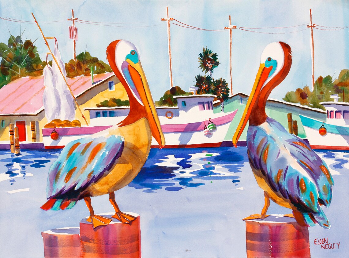 Pelican Watercolor Art Print, Florida Key West Nautical