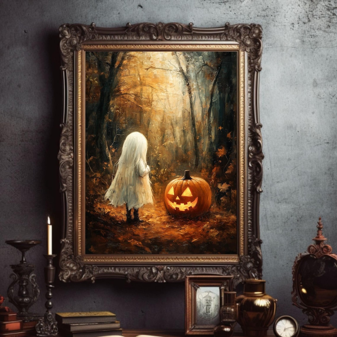 Cute Ghost Child Jack o Lantern Autumn Forest Halloween Art Poster