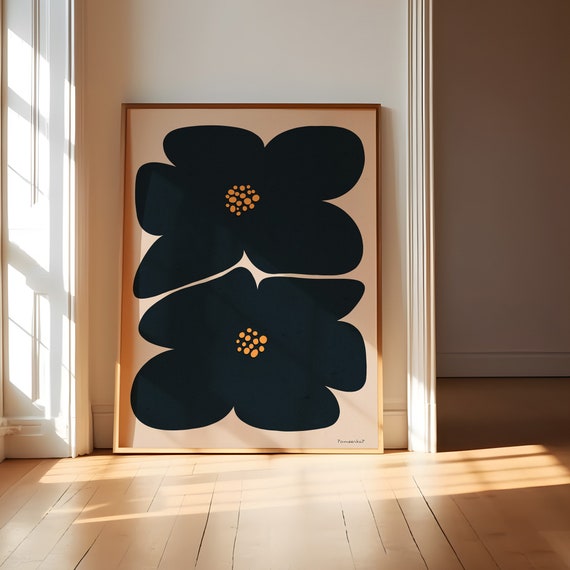 Abstract Black Botanical Flowers Art Print, Elegant Floral