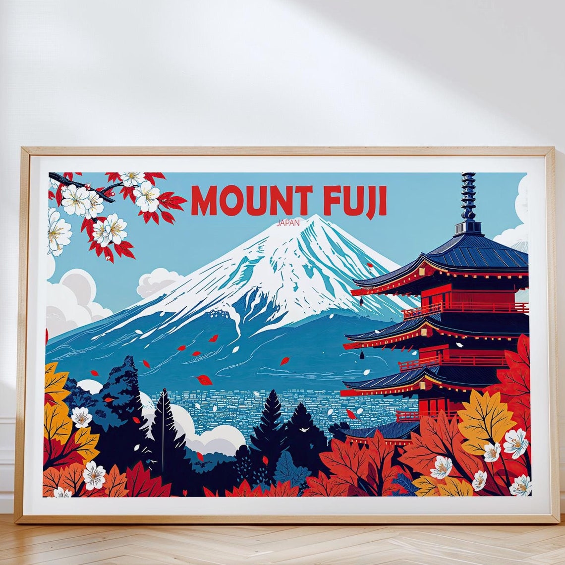 Mount Fuji Japan Cherry Blossoms Beside the Red Pagoda and Peak Poster