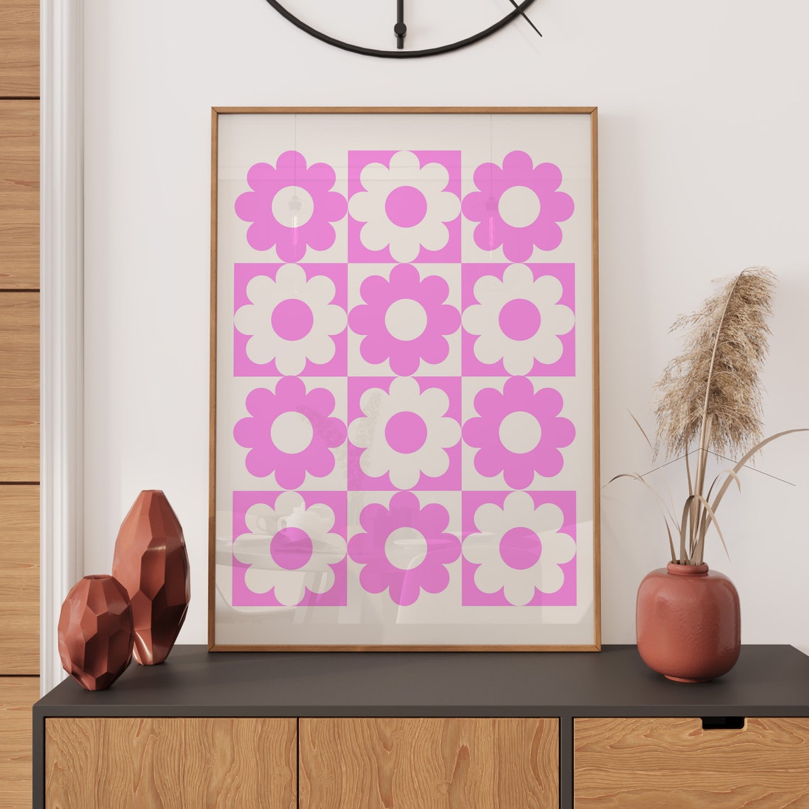 Pink Retro Daisy Grid Checkerboard Groovy Flower Power Art Print