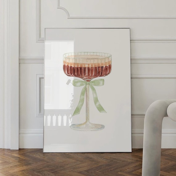 Sage Bow Espresso Cocktail Coupe Watercolor Bar Cart Art Print