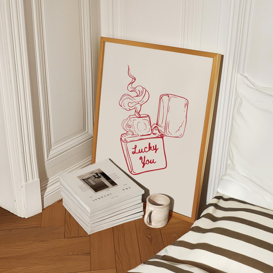 Lucky You Red Lighter Line Art Minimalist Retro Trendy Poster - Image 3